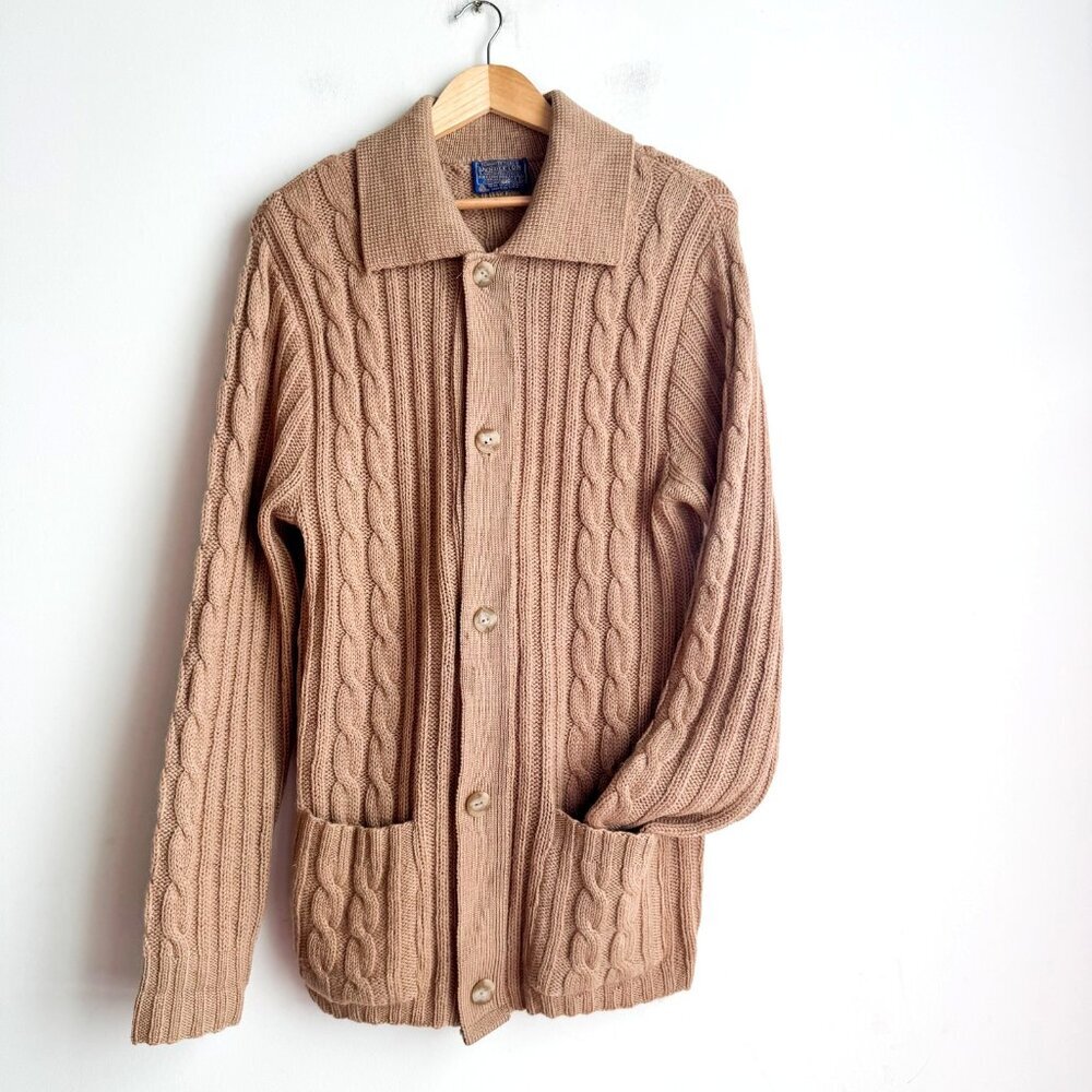 Pendleton Vintage Camel Beige Cableknkit Cardigan Sweater Virgin Wool M